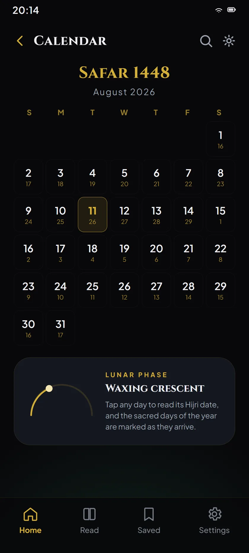 The Hijri calendar screen showing the current Islamic month alongside Gregorian dates.