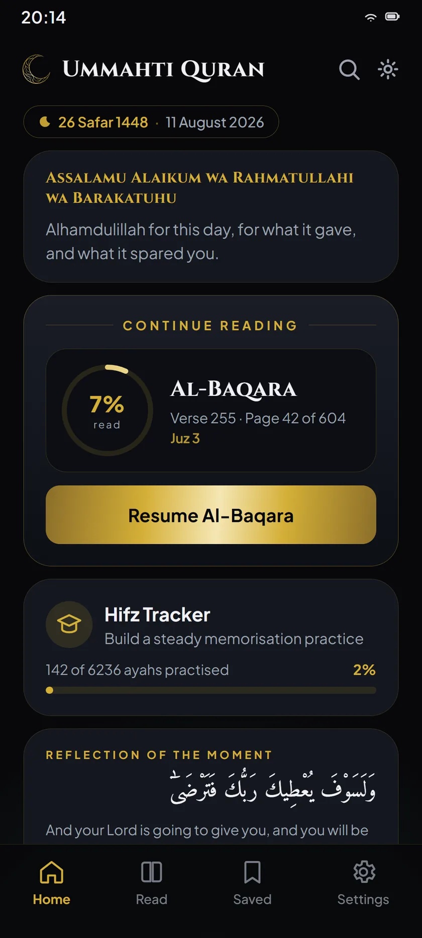 The Ummahti home screen, showing today's Hijri date, a Continue Reading card resuming Al-Baqara at verse 255, and a Hifz tracker.