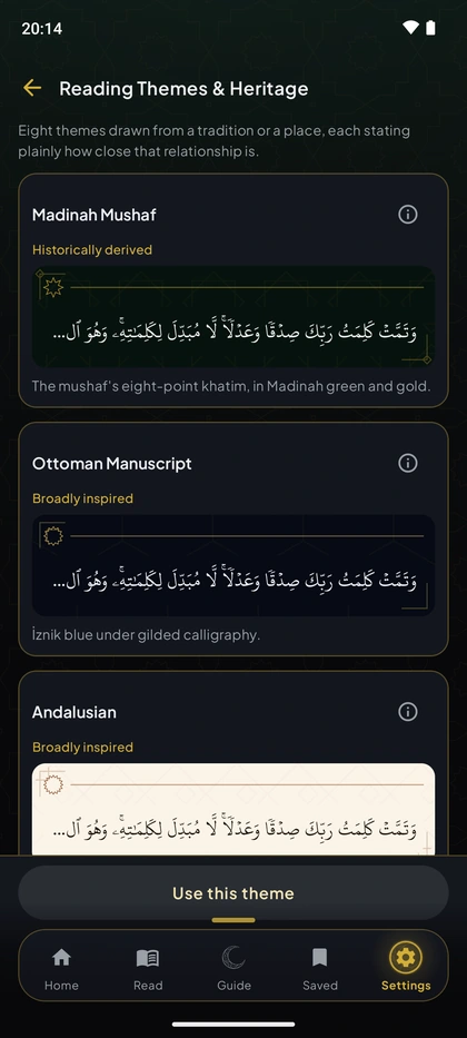 Reading Themes and Heritage, showing themes with a live preview of the same verse in each.